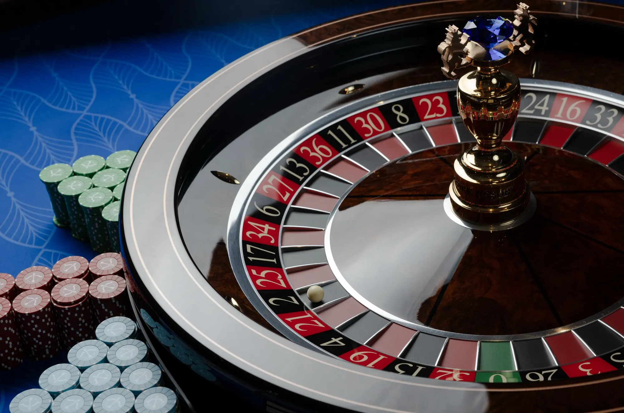 Roulette wheel with stacks of chips