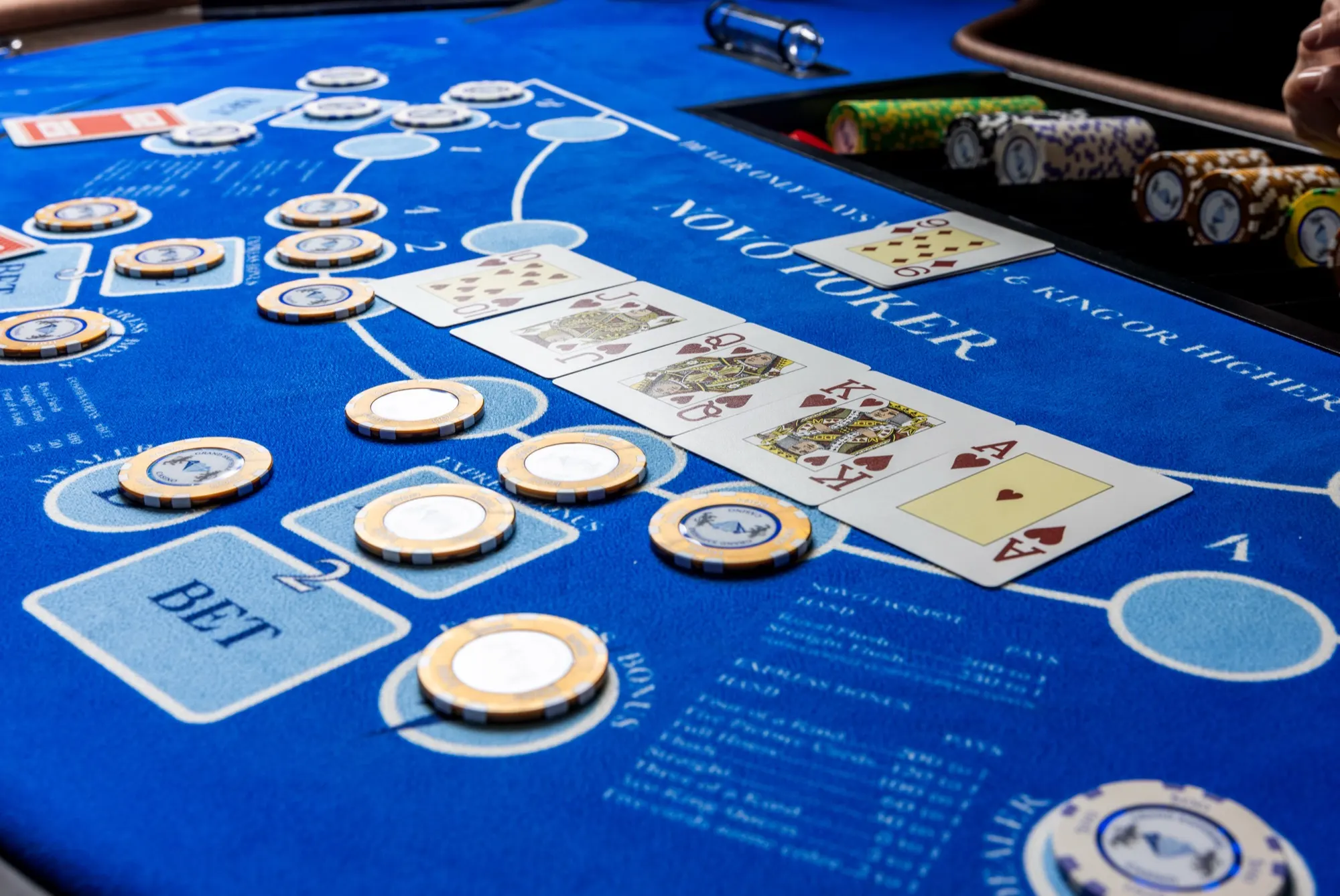 Novo Poker table with dealt cards and bets