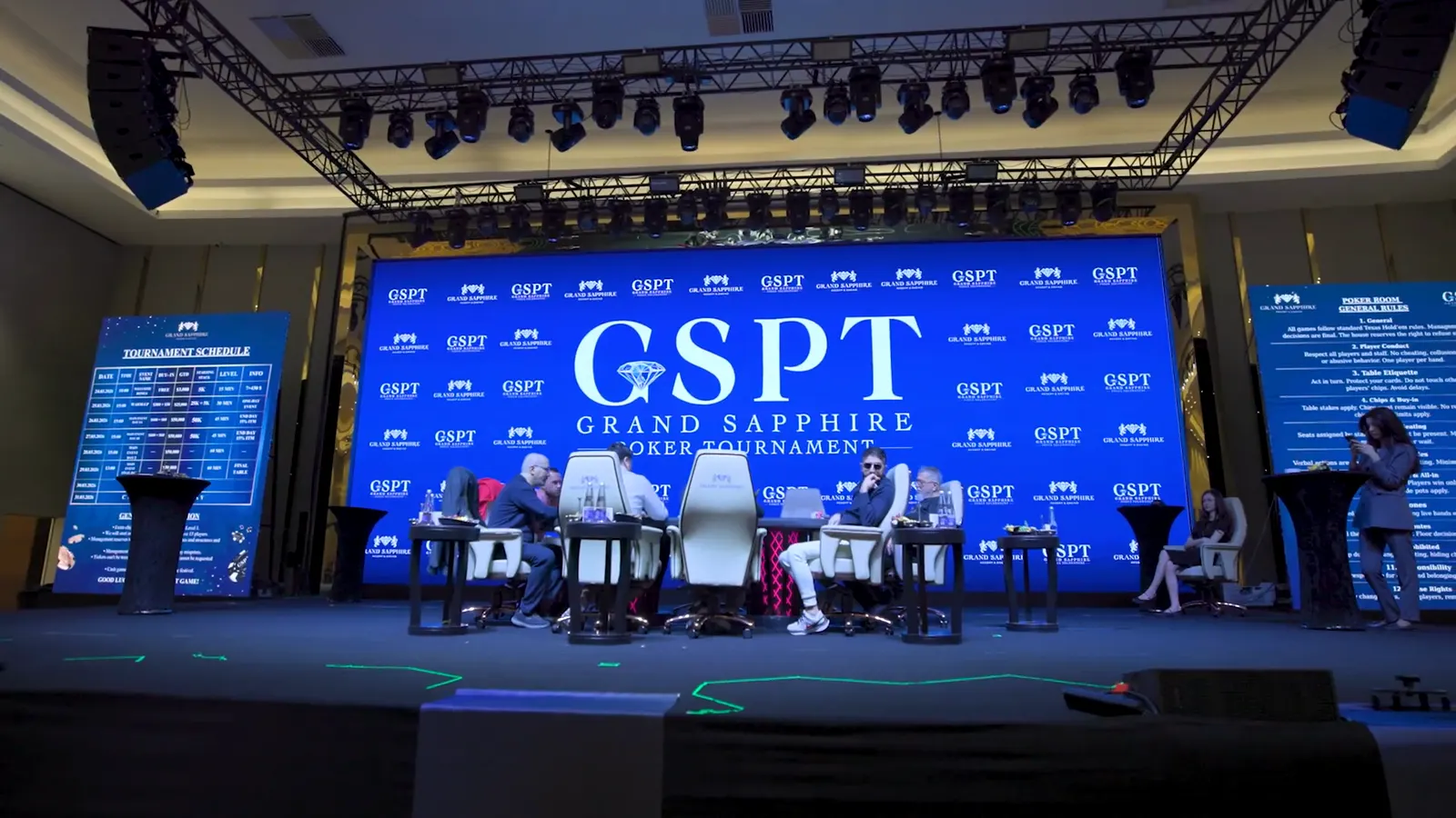 Final table of the Grand Sapphire Poker Tournament on stage